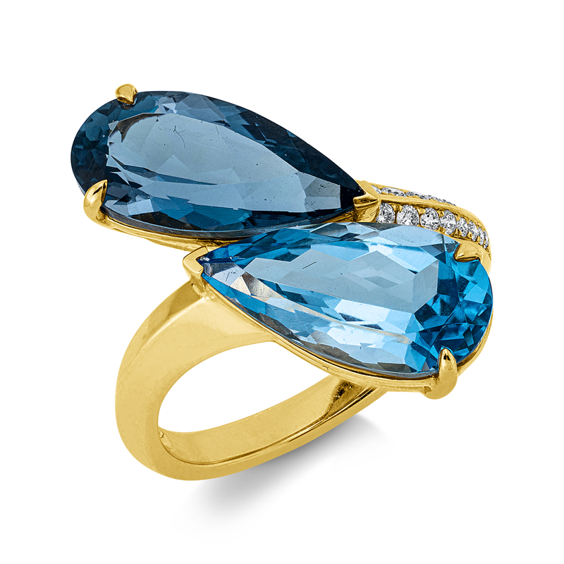 Ring 18 kt GG, 19 Brill. 0,13 ct, TW-si, 1 Topas 3,39 ct Lond. blue, 1 Topas 3,39 ct blau