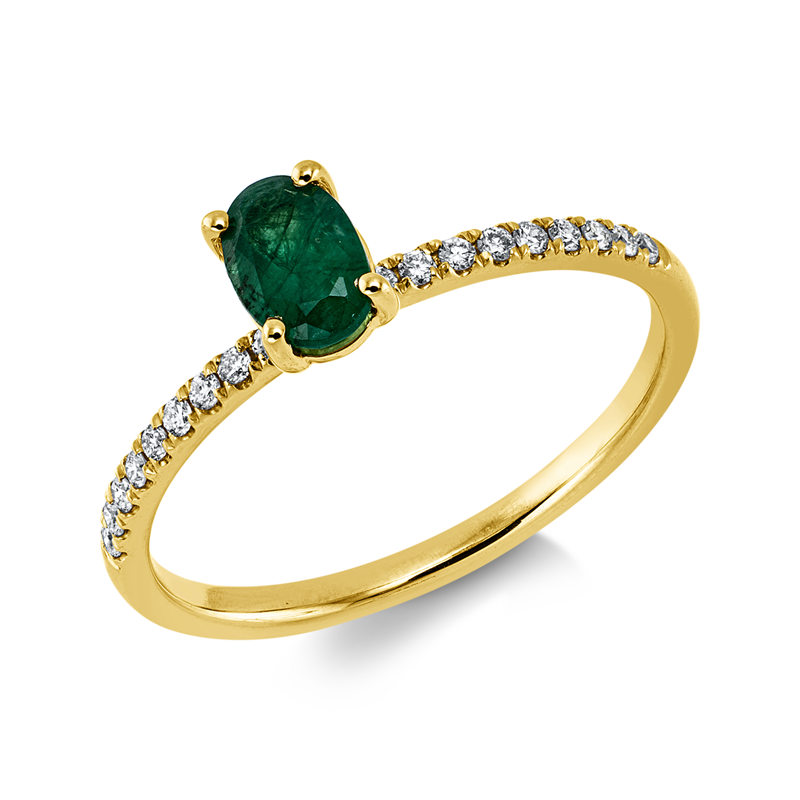 Ring 18 kt GG, 18 Brill. 0,10 ct, TW-si, 1 Smaragd 0,42 ct grün