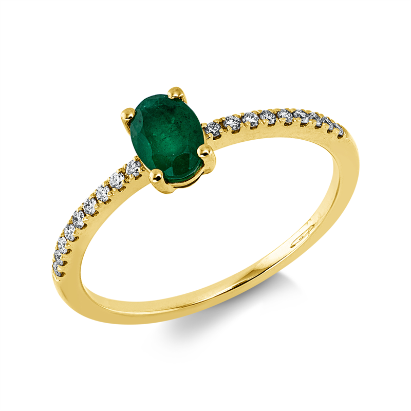 Ring 18 kt GG, 18 Brill. 0,11 ct, TW-si, 1 Smaragd 0,44 ct grün