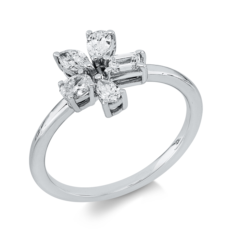 Ring 18 kt WG, 1 Nav. 0,10 ct, 2 Tropfen 0,17 ct,1 Sm.schliff 0,12 ct,1 Oval 0,10 ct, TW-vsi/si