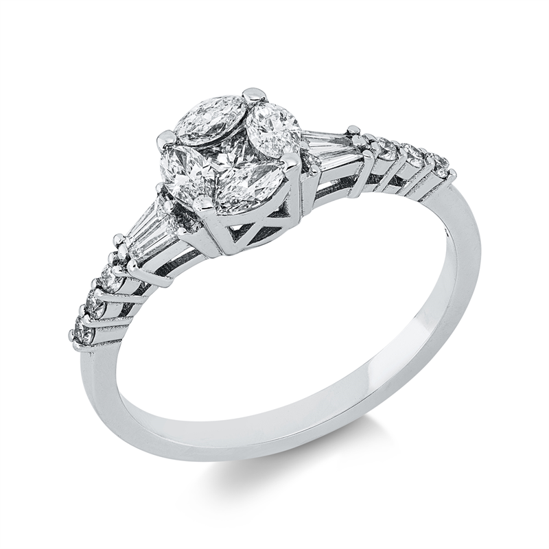 Ring 18 kt WG, 4 Nav. 0,30 ct, F-si, 1 Princ. 0,10 ct, F-si, 4 Trap. 0,13 ct, F-si, 6 Brill. 0,08 ct, F-si