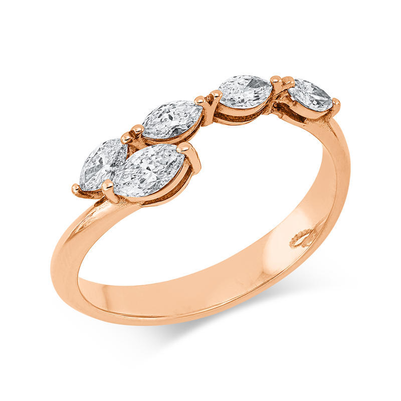Ring 18 kt RG, 1 Nav. 0,17 ct, F-vsi/si, 4 Nav. 0,37 ct, F-vsi/si
