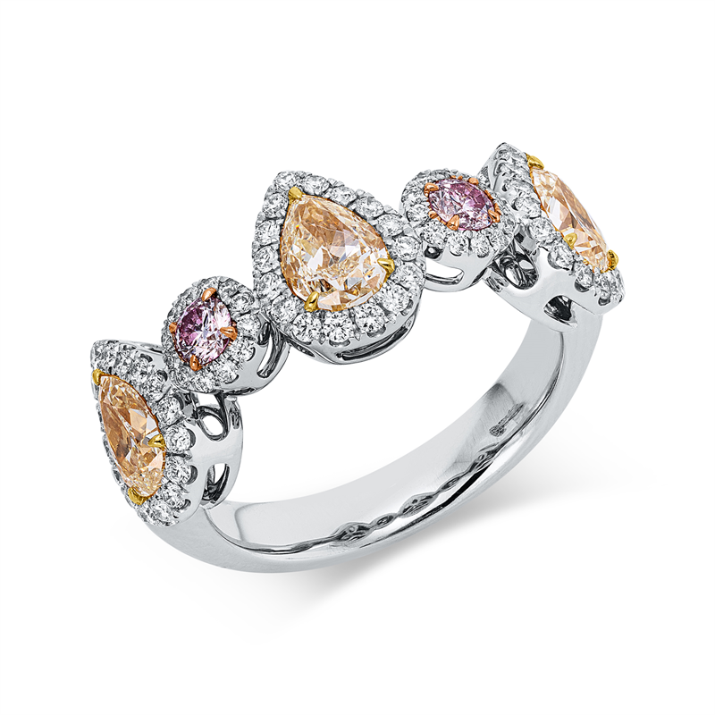 Ring 18 kt WG+GG+RG, 72 Brill. 0,47 ct, TW-si, 3 Tropfen 1,57 ct, gelb, 2 Brill. 0,19 ct, pink