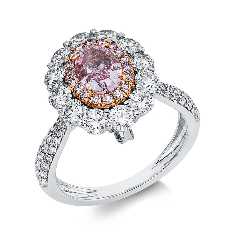 Ring 18 kt WG+RG, GIA 1515457776, 1 Oval 1,06ct, pink-i1, 62 Brill.1,60ct, TW-si, 18 Brill.0,16ct, pink