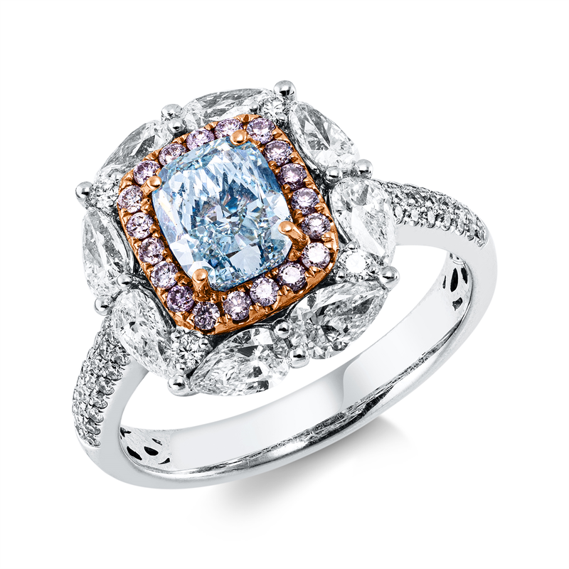Ring 18 kt W/R, GIA, 1 Cush 1,20 ct, blau,  8 Tro 1,10 ct, 62 Br. 1,37 ct, TW-vsi, 19 Br. 0,17 ct, pink