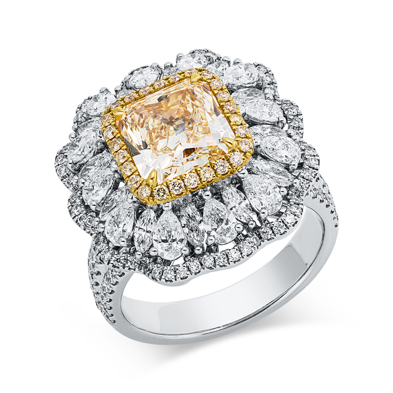 Ring 18kt, GIA1236194624,1 Radiant 2,60ct,gelb-vvs,24 Fant-Schl 4,50ct,TW-si,123 Brill0,67ct,TW-si