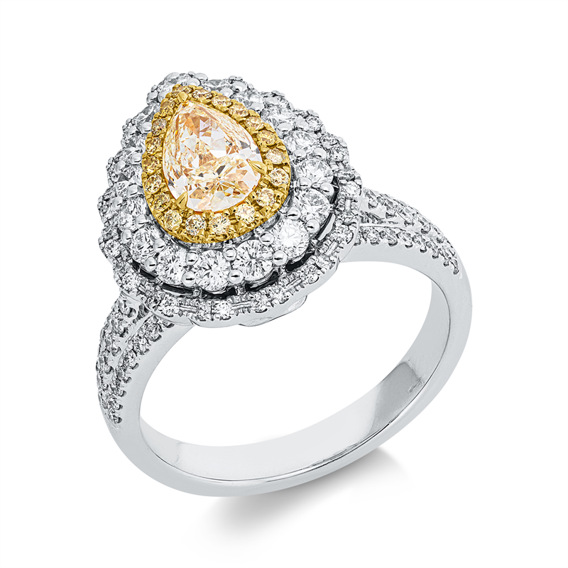 Ring 18 kt, GIA6502759737, 1 Tropfen 0,80 ct, gelb-si1, 107 Brill. 0,90 ct, TW-si, 19 Brill. 0,11 ct, gelb