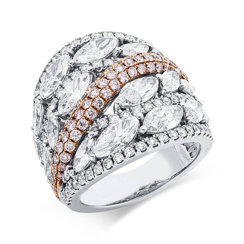 Ring 18 kt WG+RG, 16 Nav. 3,88 ct, TW-si, 74 Brill. 0,86 ct, TW-si, 59 Brill. 0,79 ct, pink