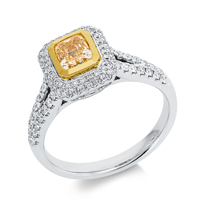 Ring 18 kt WG+GG, GIA 2213774946, 1 Cushion 0,72 ct, gelb-vvs2, 84 Brill. 0,44 ct, TW-si