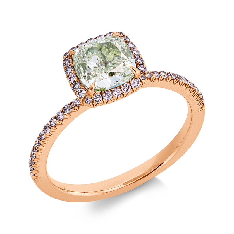 Ring 18 kt RG, GIA 6512968500, 1 Cushion 1,63 ct, grün-vvs2, 64 Brill. 0,32 ct, TW-si