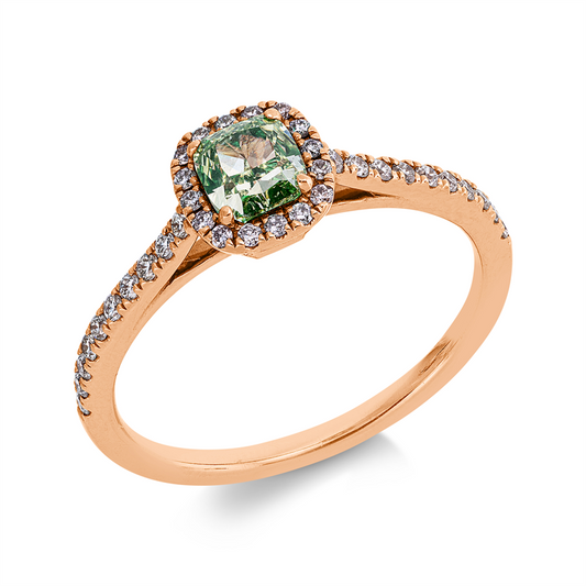 Ring 18 kt RG, GIA 6475893257, 1 Cushion 0,56 ct, grün-si2, 36 Brill. 0,36 ct, TW-si