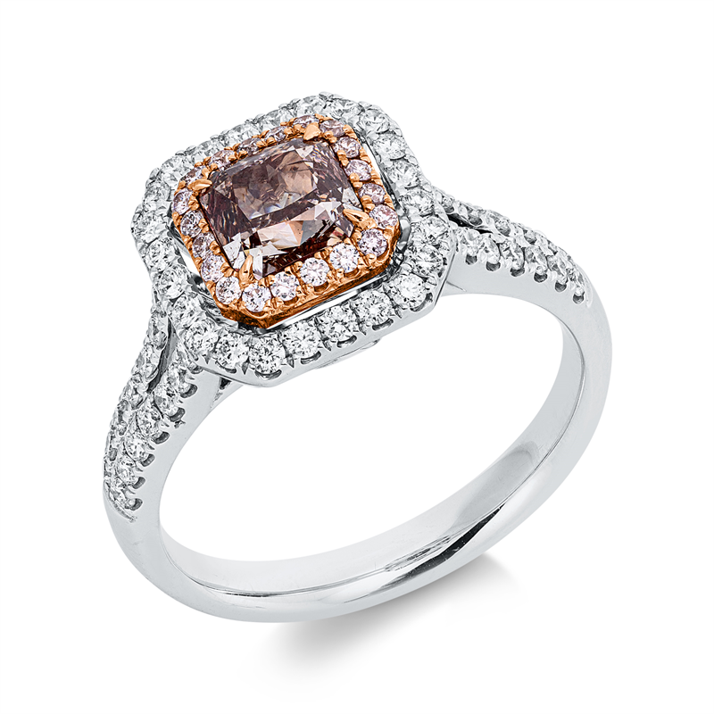 Ring 18 kt WG+RG, 52 Brill. 0,45 ct, TW-si, 1 Radiant 1,01 ct, pink, 20 Brill. 0,11 ct, pink