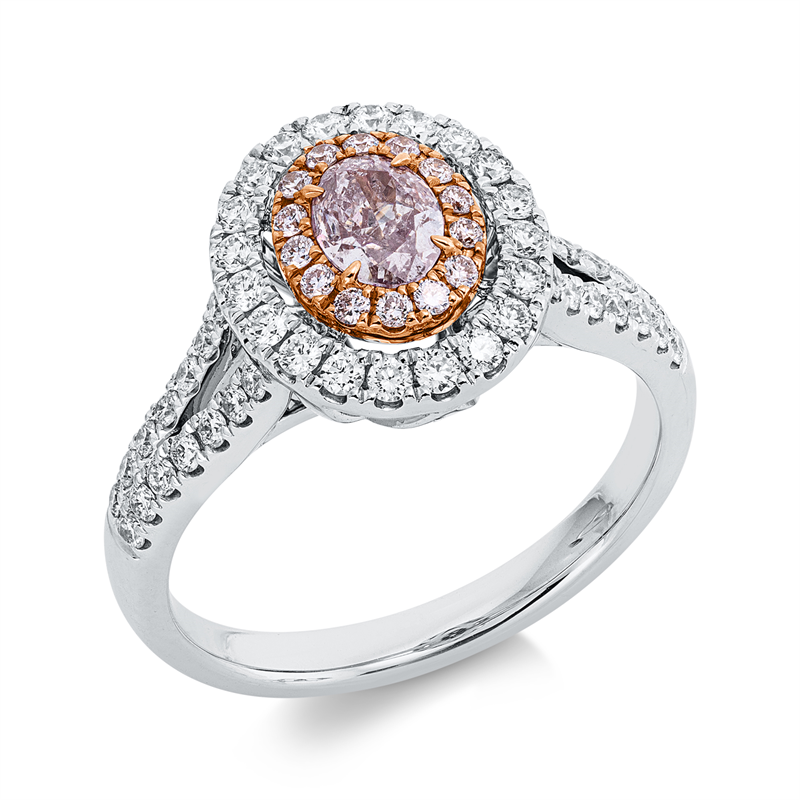 Ring 18 kt WG+RG, 48 Brill. 0,49 ct, TW-si, 1 Oval 0,41 ct, pink, 14 Brill. 0,10 ct, pink