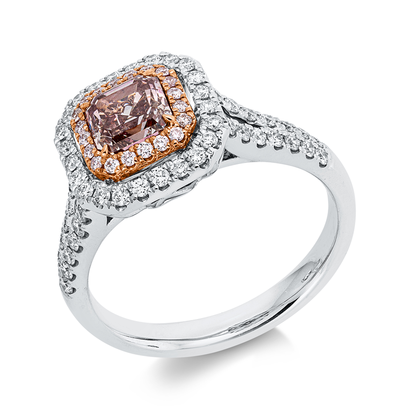 Ring 18 kt WG+RG, 52 Brill. 0,41 ct, TW-si, 1 Assher 0,91 ct, pink, 20 Brill. 0,09 ct, pink