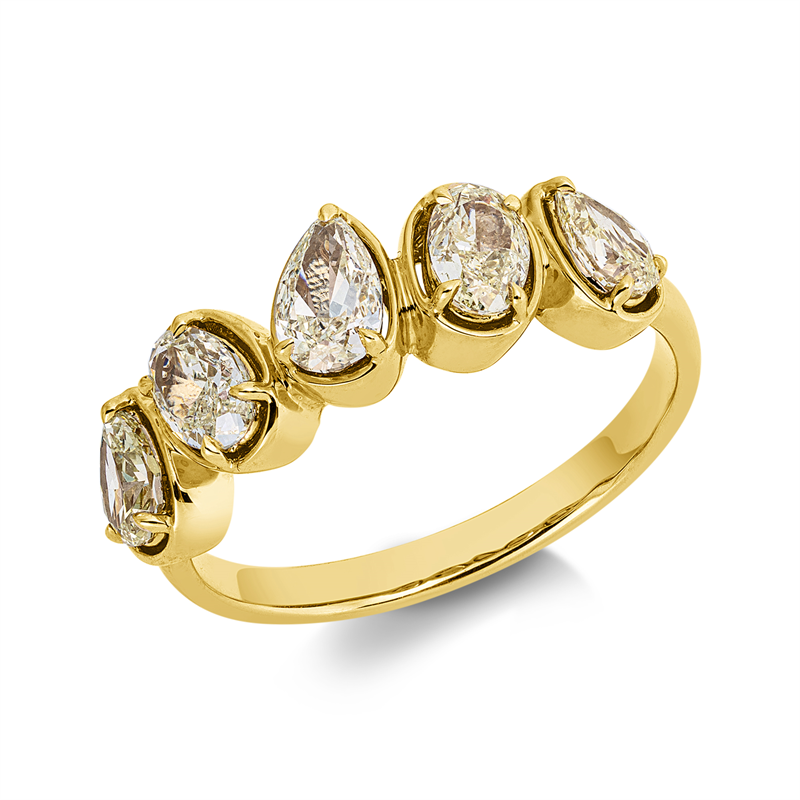Ring 14 kt GG, 2 Oval 0,60 ct, gelb, 3 Tropfen 0,77 ct, gelb