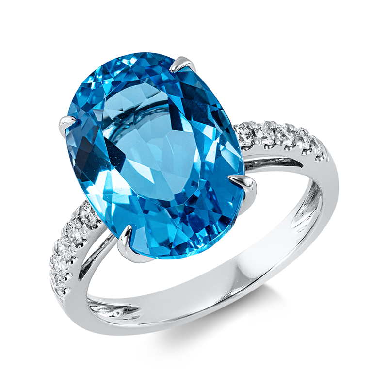 Ring 18 kt WG, 10 Brill. 0,20 ct, TW-si, 1 Topas 8,10 ct blau