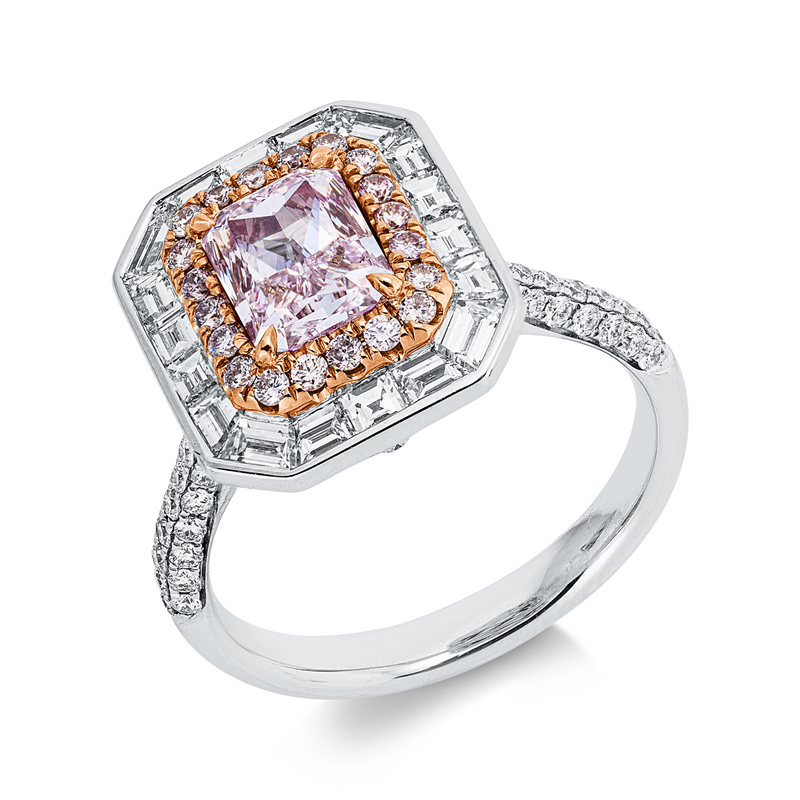 Ring 18 kt,GIA6233907246,1 Radiant 1,24 ct, pink-vs1,112 Fant-Schl 1,34ct, TW-si,20 Brill0,19ct, pink
