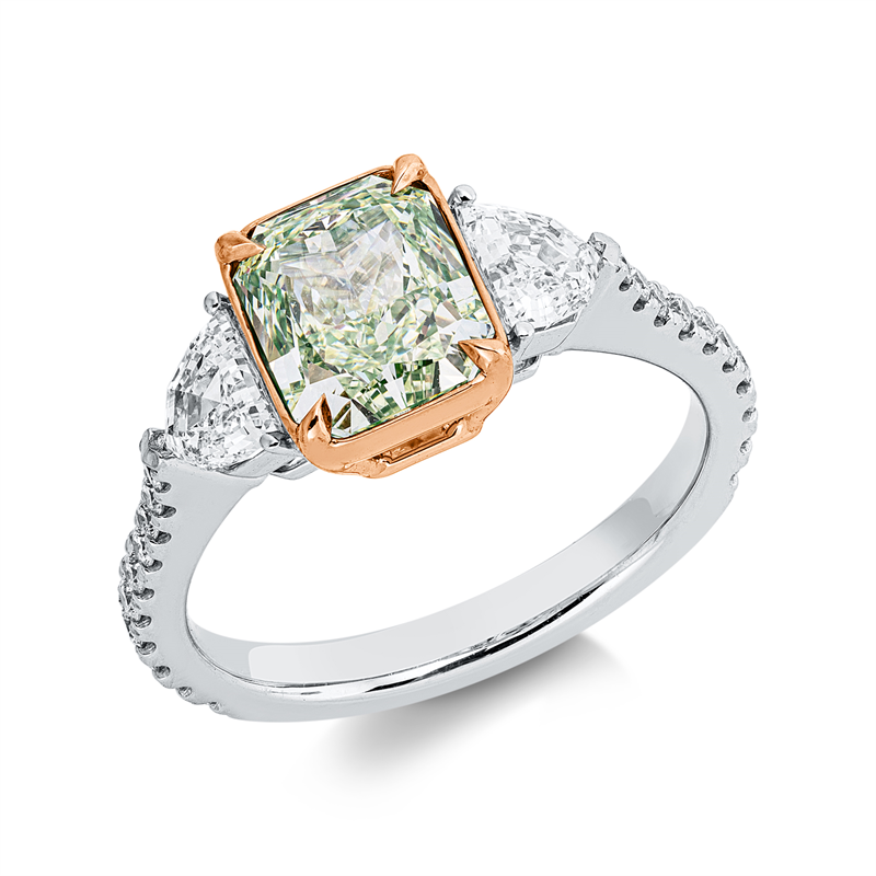 Ring 18 kt WG+RG, GIA 2546728297, 2 Fant-Schl. 0,62 ct, TW-si, 1 Cushion 2,00 ct, grün-vs2, 20 Brill. 0,24 ct, TW-si