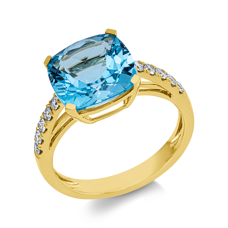 Ring 18 kt GG, 10 Brill. 0,23 ct, TW-si, 1 Topas 6,20 ct blau