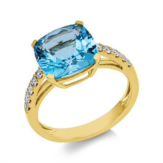 Ring 18 kt GG, 10 Brill. 0,23 ct, TW-si, 1 Topas 6,20 ct blau