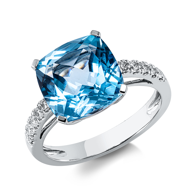 Ring 18 kt WG, 10 Brill. 0,23 ct, TW-si, 1 Topas 6,20 ct blau