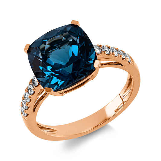 Ring 18 kt RG, 10 Brill. 0,23 ct, TW-si, 1 Topas 6,20 ct Lond. blue