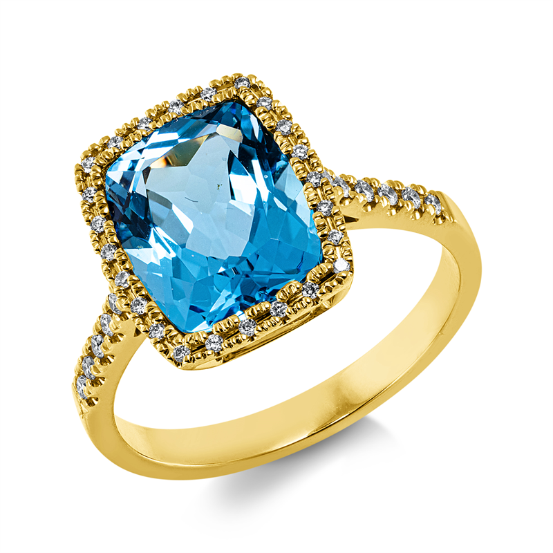 Ring 18 kt GG, 36 Brill. 0,17 ct, TW-si, 1 Topas 3,90 ct blau
