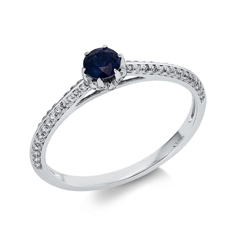 Ring 18 kt WG, 82 Brill. 0,23 ct, W-si, 1 Saphir 0,27 ct blau