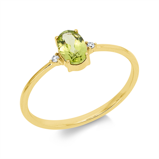 Ring 18 kt GG, 2 Brill. 0,02 ct, TW-si, 1 Peridot 0,46 ct grün