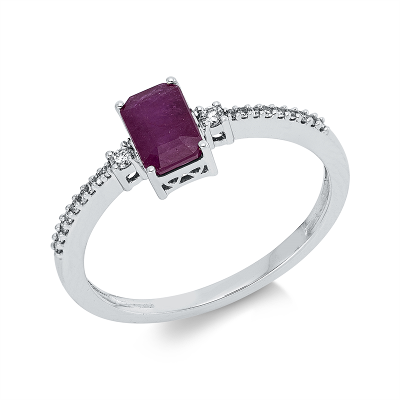 Ring 18 kt WG, 2 Brill. 0,03 ct, TW-si, 18 Brill. 0,05 ct, TW-si, 1 Rubin 0,71 ct rot
