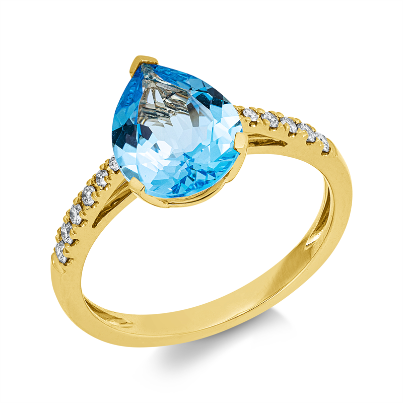 Ring 18 kt GG, 12 Brill. 0,14 ct, TW-si, 1 Topas 3,00 ct blau