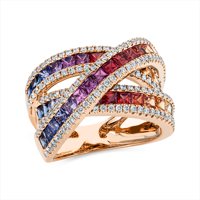 Ring 18 kt RG, 172 Brill. 0,79 ct, TW-si, 45 Saphire 3,04 ct multicolor