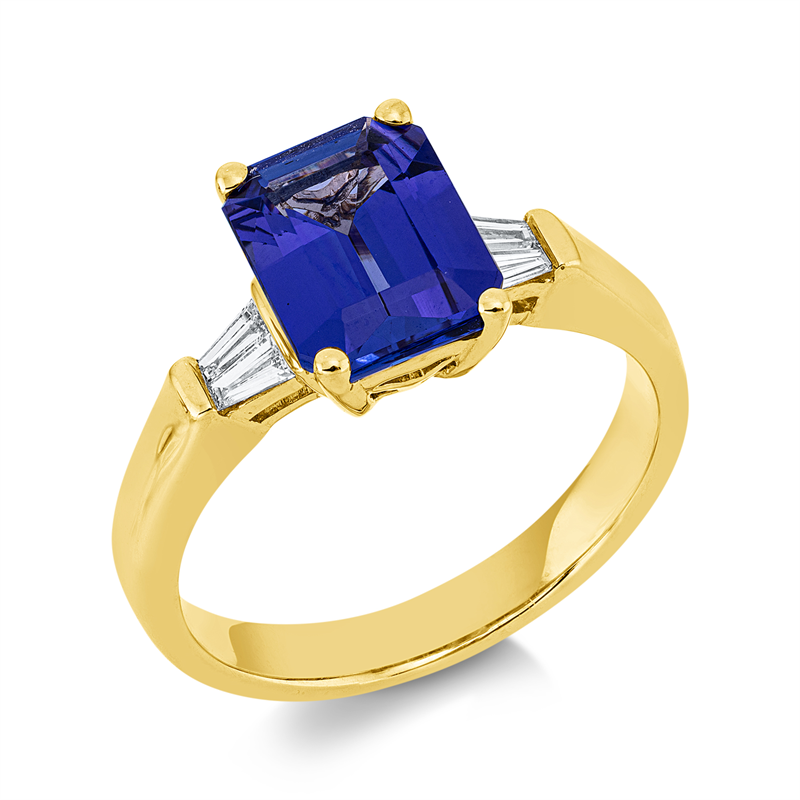 Ring 18 kt GG, 4 Trap. 0,17 ct, TW-si, 1 Tansanit 2,15 ct blau
