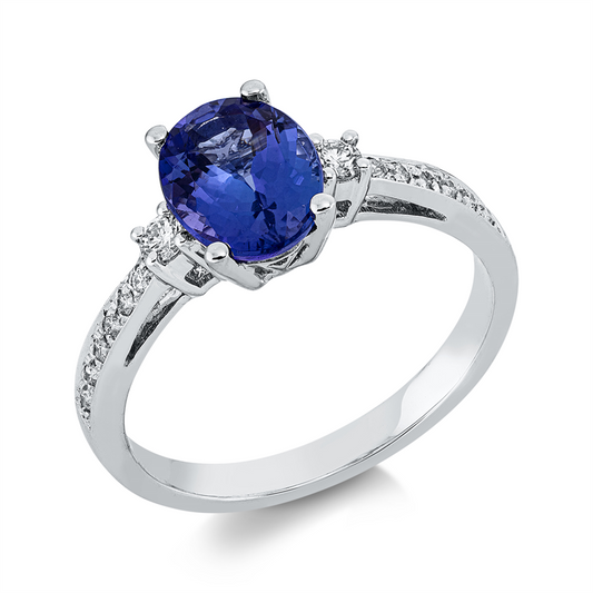 Ring 18 kt WG, 14 Brill. 0,18 ct, TW-si, 1 Tansanit 1,66 ct blau