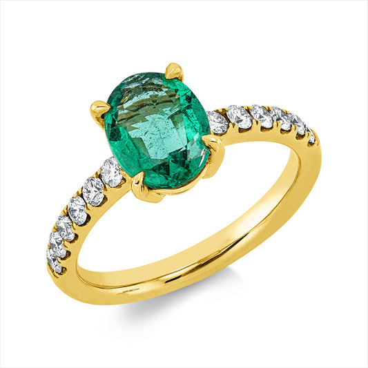 Ring 18 kt GG, 12 Brill. 0,41 ct, TW-si, 1 Smaragd 1,44 ct grün