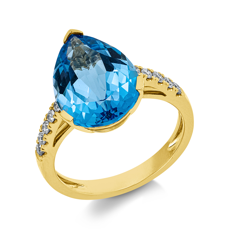 Ring 18 kt GG, 10 Brill. 0,23 ct, TW-si, 1 Topas 6,70 ct blau