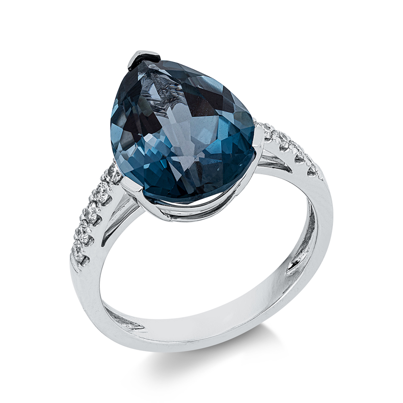 Ring 18 kt WG, 10 Brill. 0,23 ct, TW-si, 1 Topas 6,70 ct Lond. blue