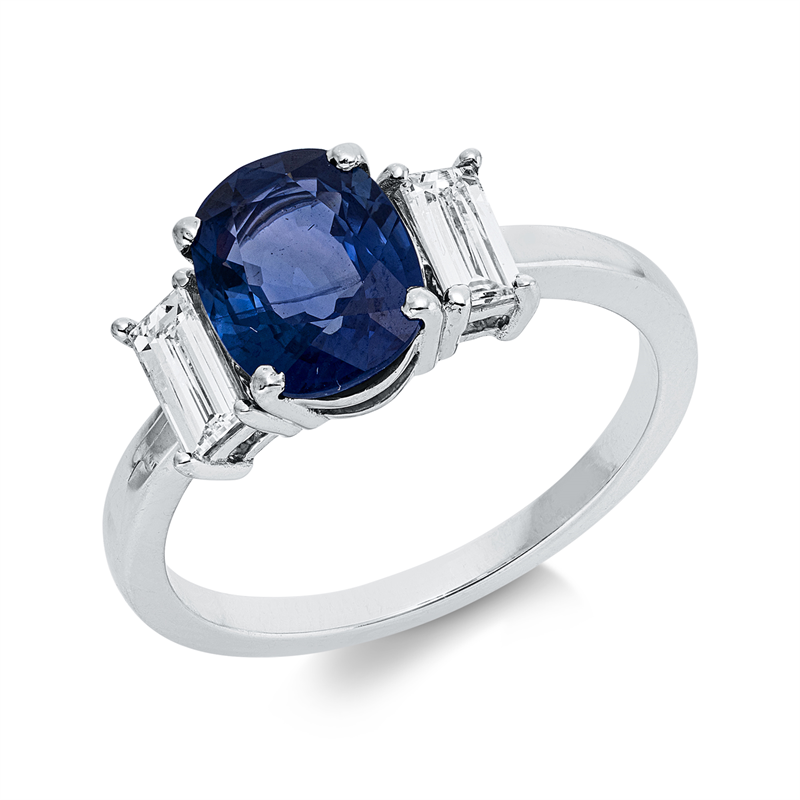 Ring 18 kt WG, 2 Bag. 0,44 ct, TW-si, 1 Saphir 2,08 ct blau