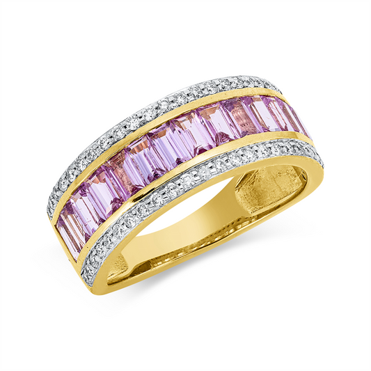 Ring 18 kt GG, Fassung rhodiniert, 48 Brill. 0,33 ct, TW-si, 15 Saphire 2,05 ct pink