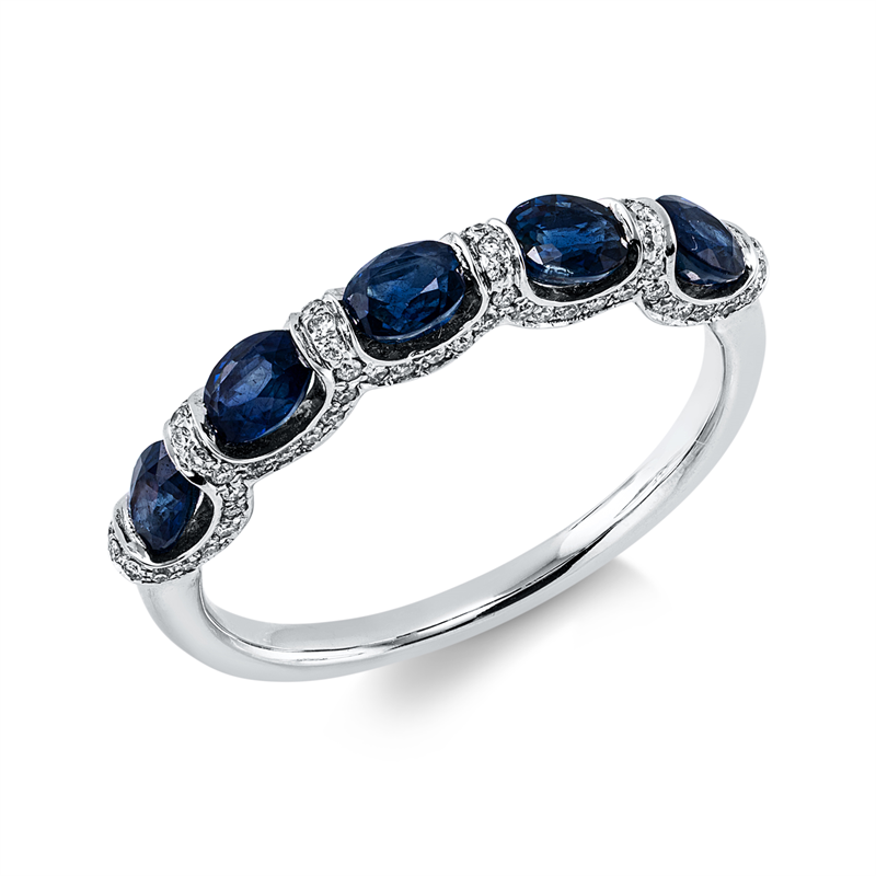 Ring 18 kt WG, 80 Brill. 0,17 ct, TW-si, 5 Saphire 1,10 ct blau