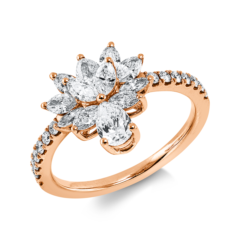 Ring 18 kt RG, 2 Tropfen 0,45 ct, TW-si, 10 Nav. 0,61 ct, TW-si, 14 Brill. 0,19 ct, TW-si