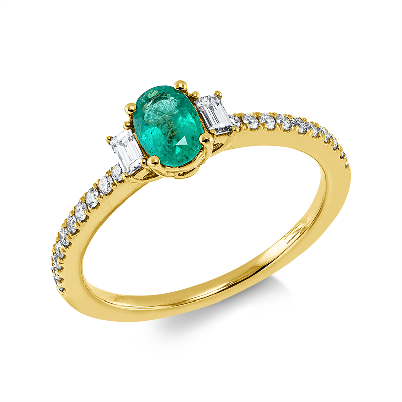 Ring 18 kt GG, 1 Smaragd 0,36 ct grün, 2 Bag. 0,10 ct, TW-si, 20 Brill. 0,16 ct, TW-si