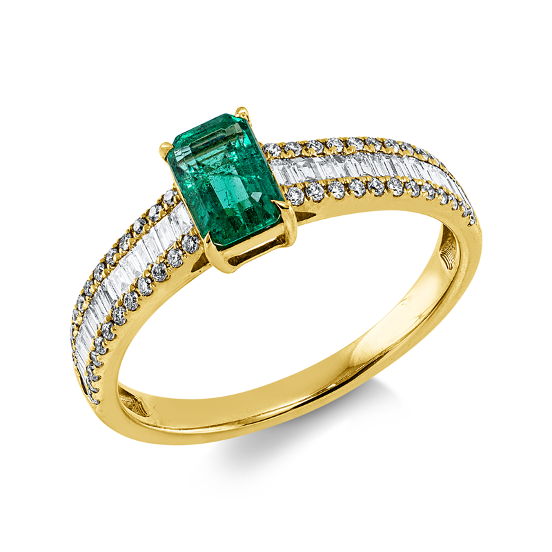 Ring 18 kt GG, 28 Bag. 0,23 ct, TW-si, 48 Brill. 0,15 ct, TW-si, 1 Smaragd 0,60 ct grün