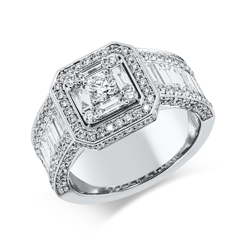 Ring 18 kt WG, 1 Brill. 0,19 ct, TW-si, 18 Bag. 1,14 ct, TW-si, 116 Brill. 0,96 ct, TW-si