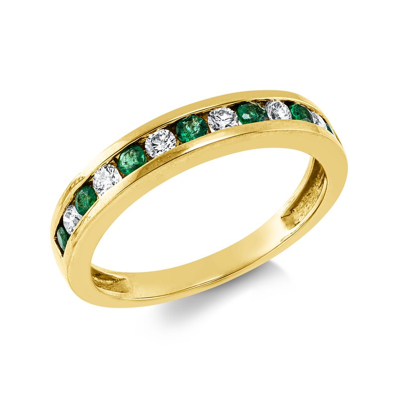 Ring 18 kt GG, 6 Brill. 0,21 ct, TW-si, 7 Smaragde 0,23 ct grün