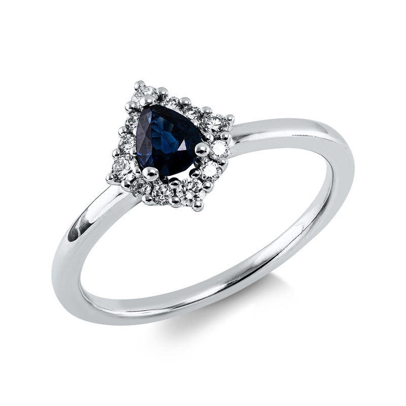 Ring 18 kt WG, 12 Brill. 0,17 ct, TW-si, 1 Saphir 0,39 ct blau