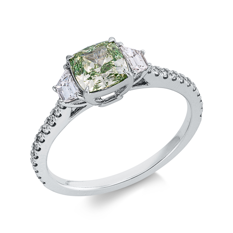 Ring 18 kt WG, 1 Cushion 1,00 ct, grün-vvs, 2 Fant-Schl. 0,29 ct, F-si, 22 Brill. 0,18 ct, F-si