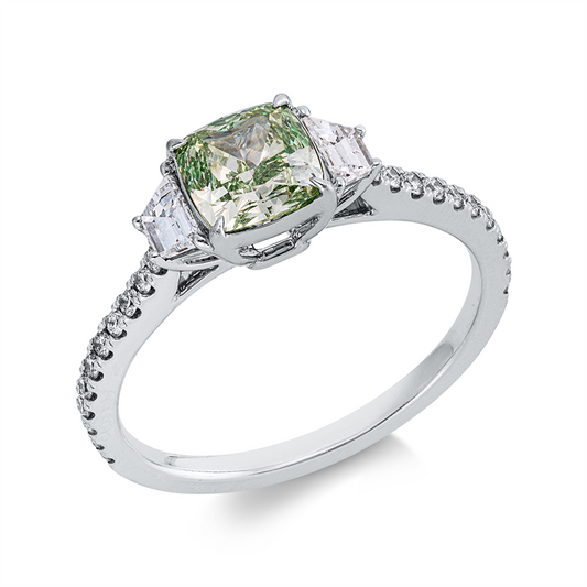 Ring 18 kt WG, 1 Cushion 1,00 ct, grün-vvs, 2 Fant-Schl. 0,29 ct, F-si, 22 Brill. 0,18 ct, F-si