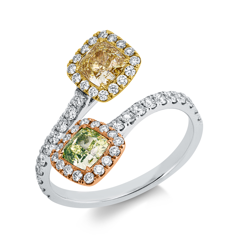 18 kt WG+GG+RG,2 GIA, 1 Cushion 0,62 ct,gelb-si1, 52 Brill. 0,56 ct,F-vvs, 1 Cushion 0,56 ct,grün-vs2