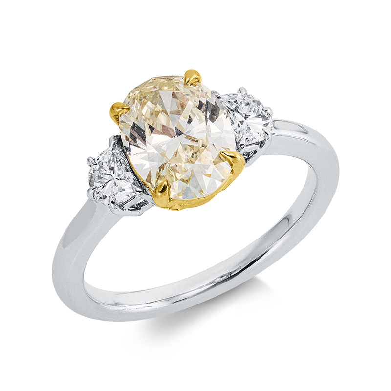 Ring 18 kt WG+GG, 2 Fant-Schl. 0,40 ct, TW-vsi/si, 1 Oval 1,65 ct, gelb